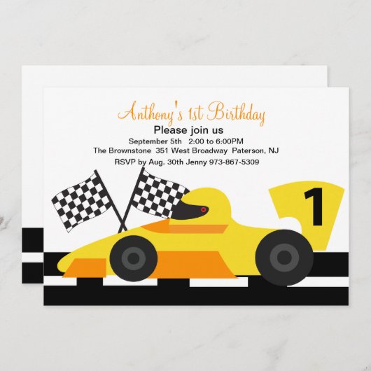 Yellow Race Car Boys First Birthday Uitnodiging (Voorkant / Achterkant)