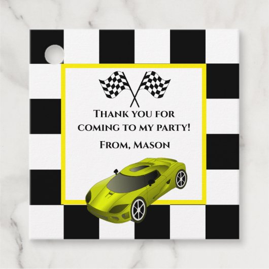 Yellow Race Car | Kinderen van Birthday Bedankjes Labels (Voorkant)
