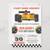 Yellow Race Car Racing Birthday Party Invitation Kaart (Voorkant)