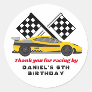 Yellow Race Car voor jongens Kinderen Birthday Par Ronde Sticker