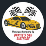 Yellow Racing Car for Kids Boys Birthday Party Ronde Sticker<br><div class="desc">Kute party gunsten voor kinderen,  jongens of meisjes die van autoracen houden. Een kleurrijke illustratie van een sportweddenauto. Ideaal voor kinderen op verjaardagsfeestje,  feestvieren en dankjewel op het label.</div>
