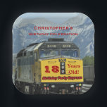 Yellow Railroad Engine 18th Birthday, naam; Papieren Bordje<br><div class="desc">Een felgele treinmotor siert dit unieke en leuke partypapier bord. Hoewel standaard "18 Years Old" zegt, kunt u de naam, het aantal jaren en het evenement eenvoudig personaliseren. Spoorwegfans zullen er dol op zijn! Kies vierkant of rond. Overeenkomende papieren servetten, "Save the Date" briefkaarten, uitnodigingen en feestgunsten beschikbaar op zazzle.com/store/SocolikCardShop....</div>