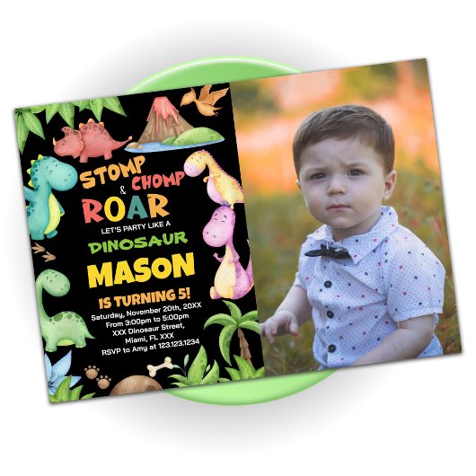 Yellow Red Green Dinosaur Birthday Foto Kaart