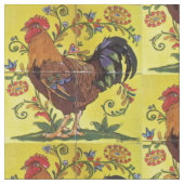 Yellow Red Rooster Chicken Tiled Folk Art Fabric Stof (Close Up)