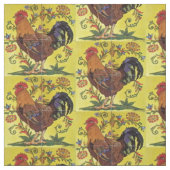 Yellow Red Rooster Chicken Tiled Folk Art Fabric Stof (Swatch)