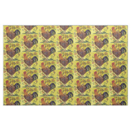 Yellow Red Rooster Chicken Tiled Folk Art Fabric Stof