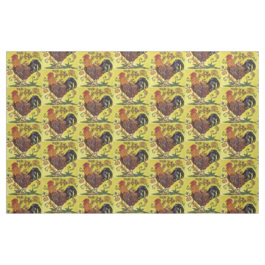 Yellow Red Rooster Chicken Tiled Folk Art Fabric Stof (Fat Quarter)