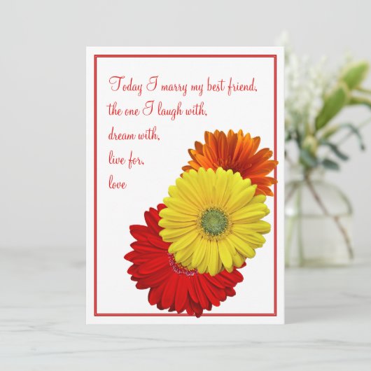 Yellow Red Sinaasappel Gerbera Daisy Wedding Invit Kaart (Staand voorkant)