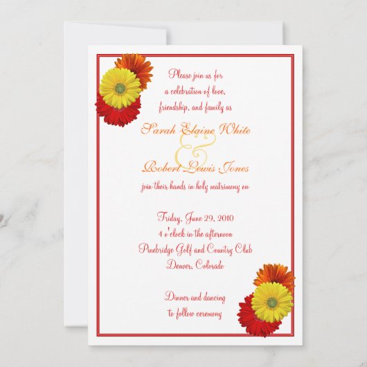 Yellow Red Sinaasappel Gerbera Daisy Wedding Invit Kaart (Achterkant)
