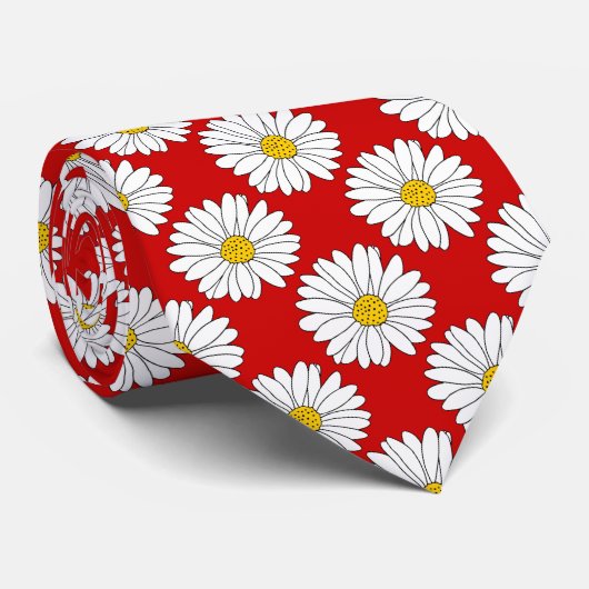 Yellow Red White Daisy Pattern Stropdas (Opgerold)