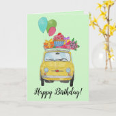 Yellow Retro Fiat 500 Birthday Kaart (Gele Bloem)