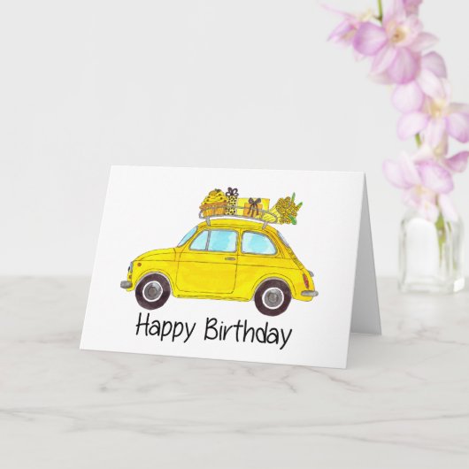 Yellow Retro Fiat 500 Birthday Kaart (Orchidee)