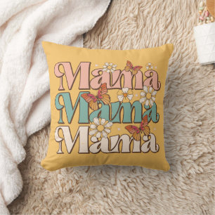 Yellow Retro Floral Butterfly Mama Typografie Kussen