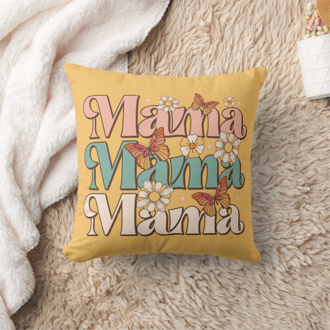 Yellow Retro Floral Butterfly Mama Typografie Kussen (Deken)