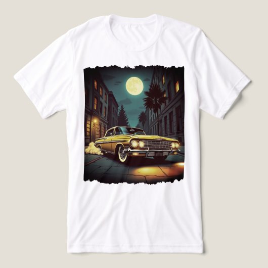 Yellow Retro Lowrider Under Full Moon Street Scene Tri-Blend Shirt (Design voorkant)
