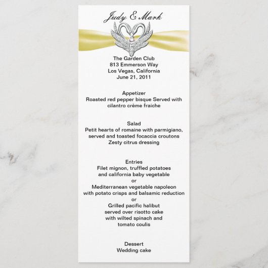 Yellow Ribbon Silver Swans Menu Card (Voorkant)