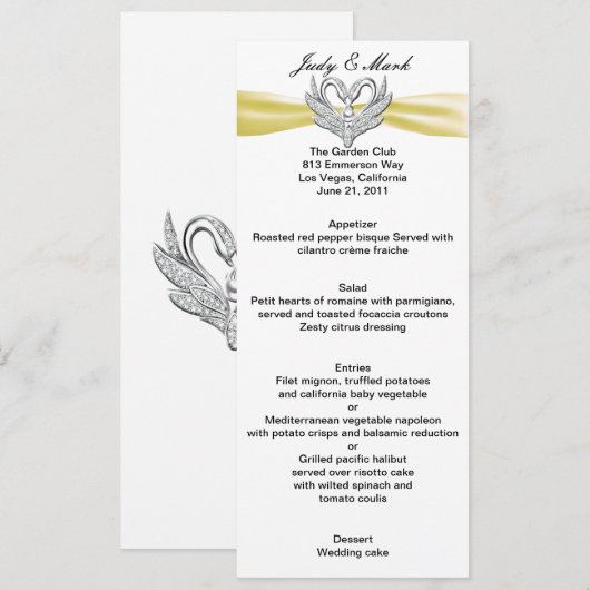 Yellow Ribbon Silver Swans Menu Card (Voorkant / Achterkant)