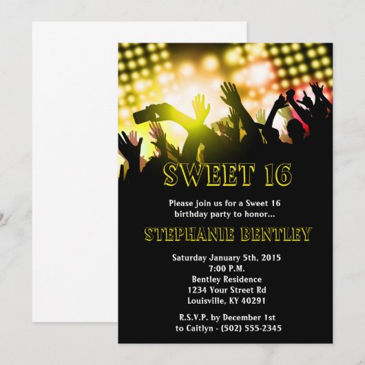 Yellow Rock Star Sweet 16 Birthday Invitation Kaart (Voorkant / Achterkant)