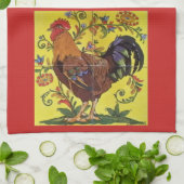Yellow Rooster Chicken Red Folk Art Kitchen Towel Theedoek (Gevouwen)