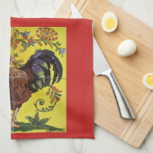 Yellow Rooster Chicken Red Folk Art Kitchen Towel Theedoek (Quarter Fold)