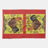 Yellow Rooster Chicken Red Folk Art Kitchen Towel Theedoek (Horizontaal)