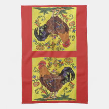Yellow Rooster Chicken Red Folk Art Kitchen Towel