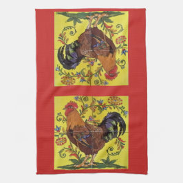 Yellow Rooster Chicken Red Folk Art Kitchen Towel Theedoek
