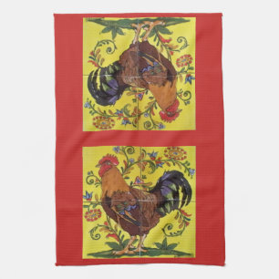 Yellow Rooster Chicken Red Folk Art Kitchen Towel Theedoek
