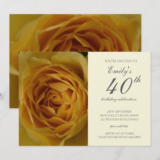 Yellow Rose 40e verjaardag uitnodiging (Voorkant / Achterkant)