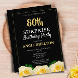 Yellow Rose 80th Surprise Birthday Party Kaart<br><div class="desc">Yellow Rose 80th Surprise Birthday Party nodigt haar uit. Verlangde uitnodiging met prachtige gele rozen en tropische bladeren op zwarte achtergrond. Ideaal voor een vrouw die haar tachtigste verjaardag viert. Uitnodigen voor 80 jaar verrassende verjaardagsfeest.</div>