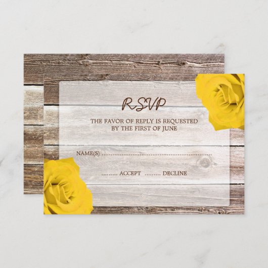 Yellow Rose Barn Wood Weddenschap RSVP-reactiekaar RSVP Kaartje (Voorkant / Achterkant)