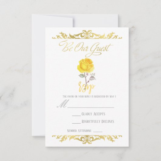 Yellow Rose & Elegant Gold Party Event RSVP Beantw (Voorkant)