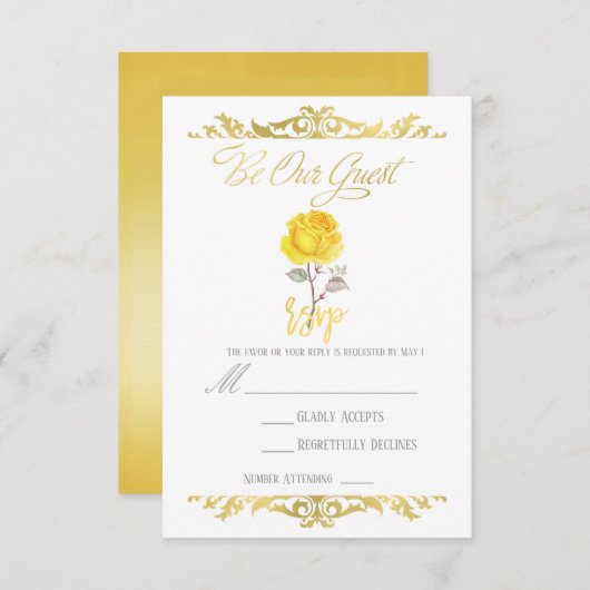 Yellow Rose & Elegant Gold Party Event RSVP Beantw (Voorkant / Achterkant)