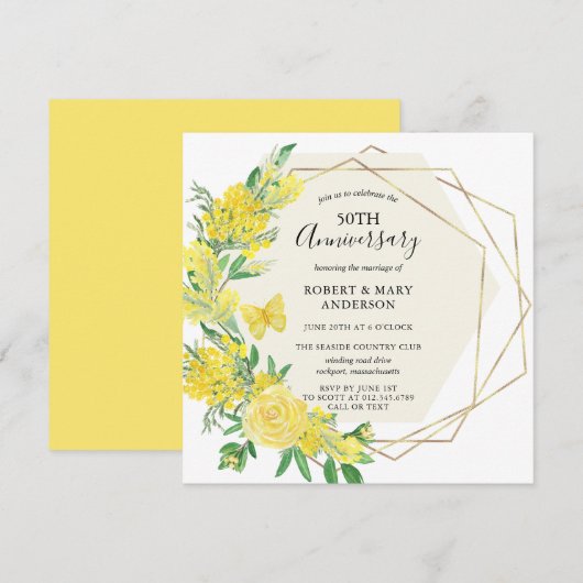 Yellow Rose Floral 50th Jubileum Party Kaart (Voorkant / Achterkant)