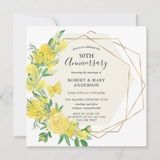 Yellow Rose Floral 50th Jubileum Party Kaart (Voorkant)