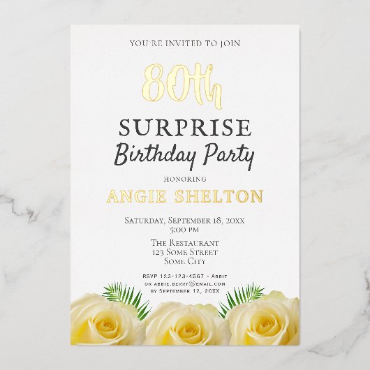 Yellow Rose Floral 80th Surprise Birthday Party Folie Uitnodiging (Voorkant)