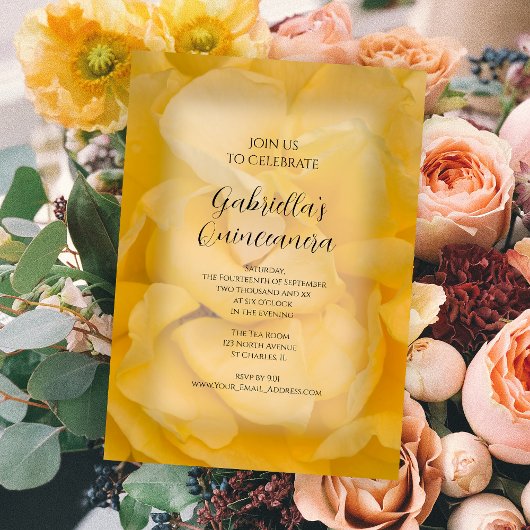 Yellow Rose Floral Quinceanera Party Invitation Kaart