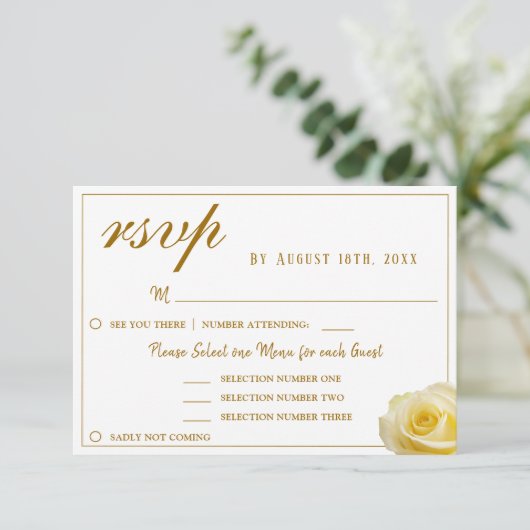 Yellow Rose Floral Wedding Menu Keuze RSVP-kaart (Staand voorkant)