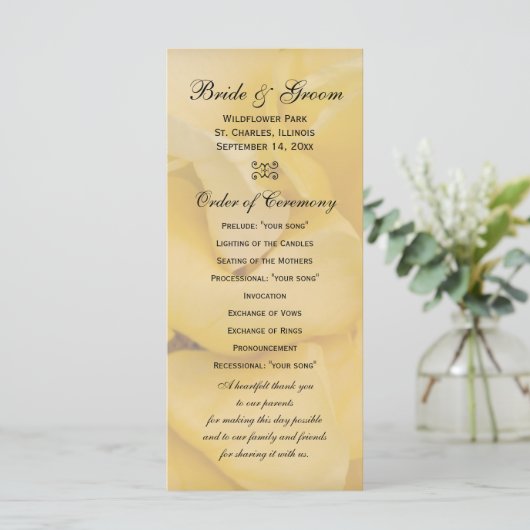 Yellow Rose Floral Wedding Programme Programmakaart (Staand voorkant)
