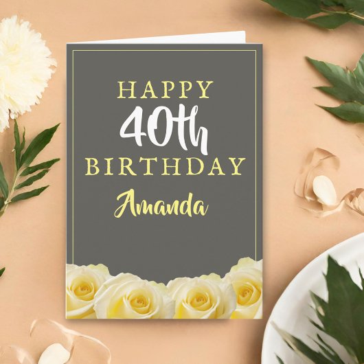 Yellow Rose Flower Floral 40th Birthday Card Kaart