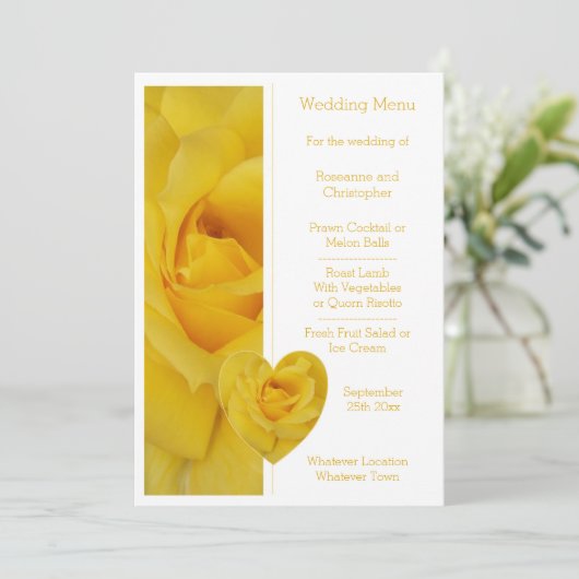 Yellow Rose Heart Design Wedding Menu (Staand voorkant)