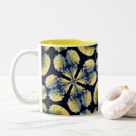 Yellow Rose Kaleidoscope Flower Art Tweekleurige Koffiemok (Met donut)