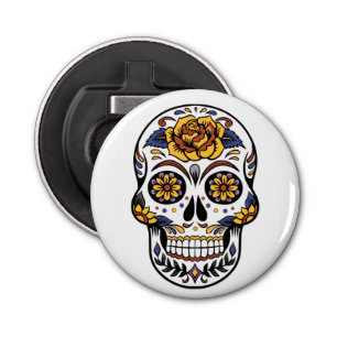 Yellow Rose Sugar Skull Button Flesopener
