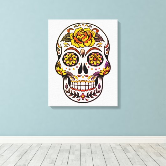 Yellow Rose Sugar Skull Canvas Afdruk (Insitu (Houten vloer))