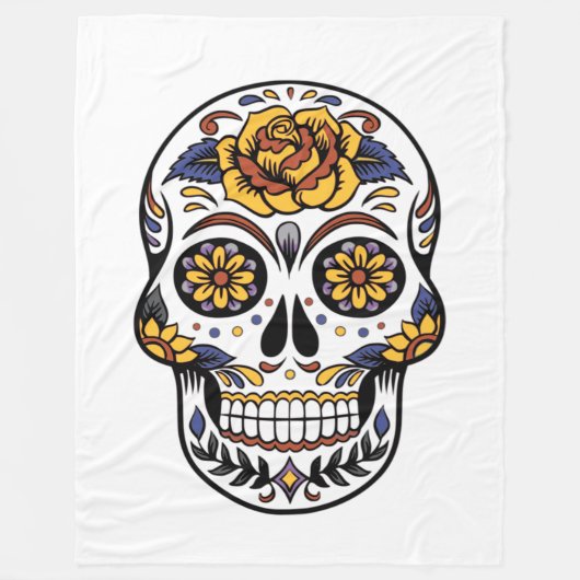 Yellow Rose Sugar Skull Fleece Deken (Voorkant)