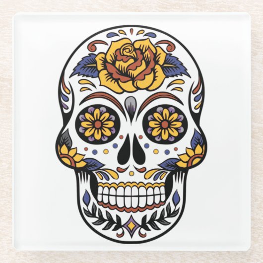 Yellow Rose Sugar Skull Glazen Onderzetter (Voorkant)