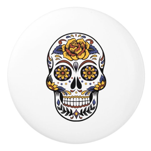 Yellow Rose Sugar Skull Keramische Knop (Voorkant)