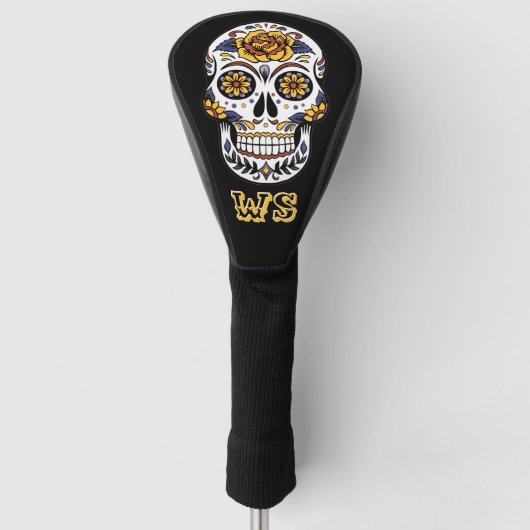 Yellow Rose Sugar Skull op Black Monogram Golfheadcover (Voorkant)