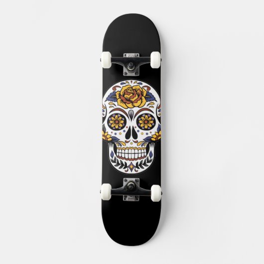 Yellow Rose Sugar Skull op Black Skateboard (Voorkant)