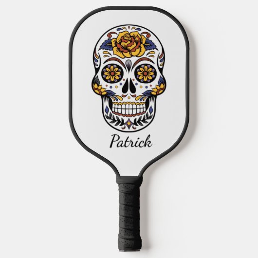 Yellow Rose Sugar Skull Persoonlijke naam Pickleball Paddle (Voorkant)